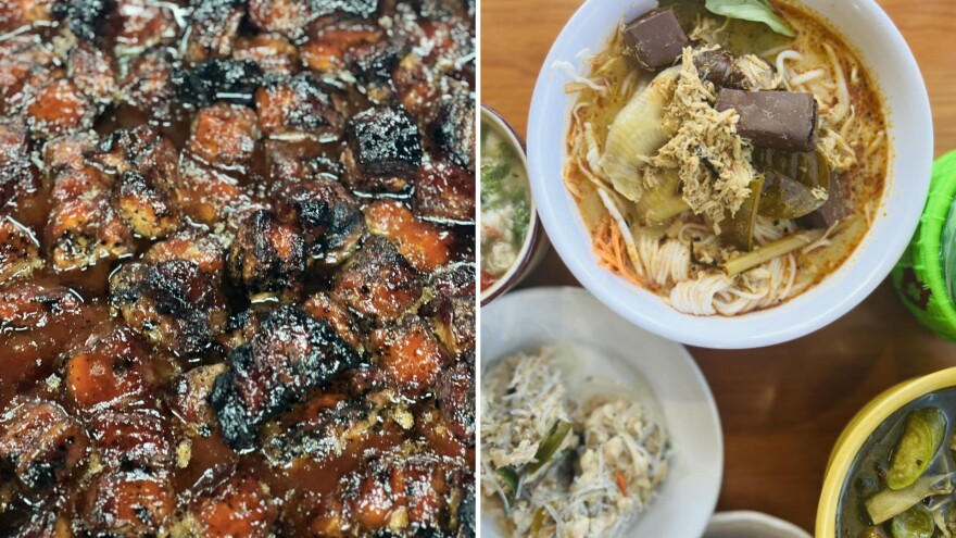Side-by-side photos of barbecue burnt ends covered in sauce and several bowls of southeast Asian cuisine.