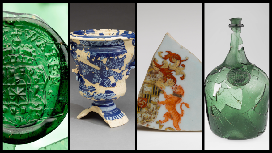 A restored, glazed urn (second from left) is part of the "Worlds Collide: Archaeology and Global Trade in Williamsburg" exhibit.