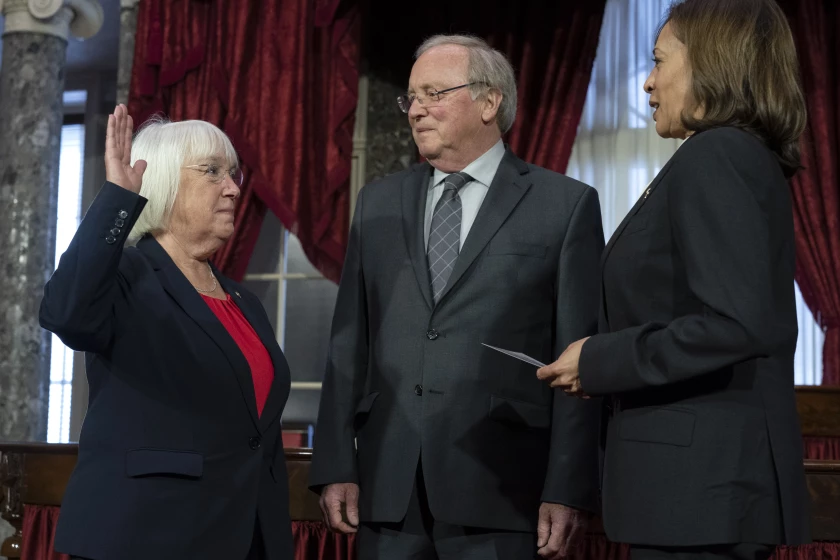 Vice President Kamala Harris participates in a ceremonial swearing-in of Sen. Patty Murray, D-Wash., with Murray's husband Rob Murray, in the Old Senate Chamber on Capitol Hill in Washington, Tuesday, Jan. 3, 2023.