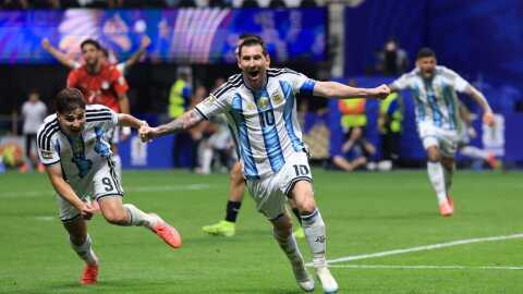 ATLANTA, GEORGIA - JULY 07: Lionel Messi #10 of Argentina celebrates scoring his team's second goal during the FIFA World Cup 2026 Round of 16 match between Argentina and Egypt at Atlanta Stadium on July 07, 2026 in Atlanta, Georgia. (Photo by Elsa/Getty Images)