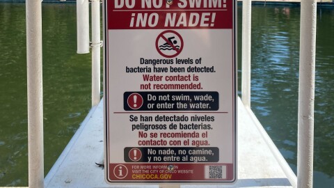 A “no swim” sign is posted at Sycamore Pool in Chico’s Bidwell Park after testing showed elevated E. coli levels. Photo taken on Aug. 6, 2026.