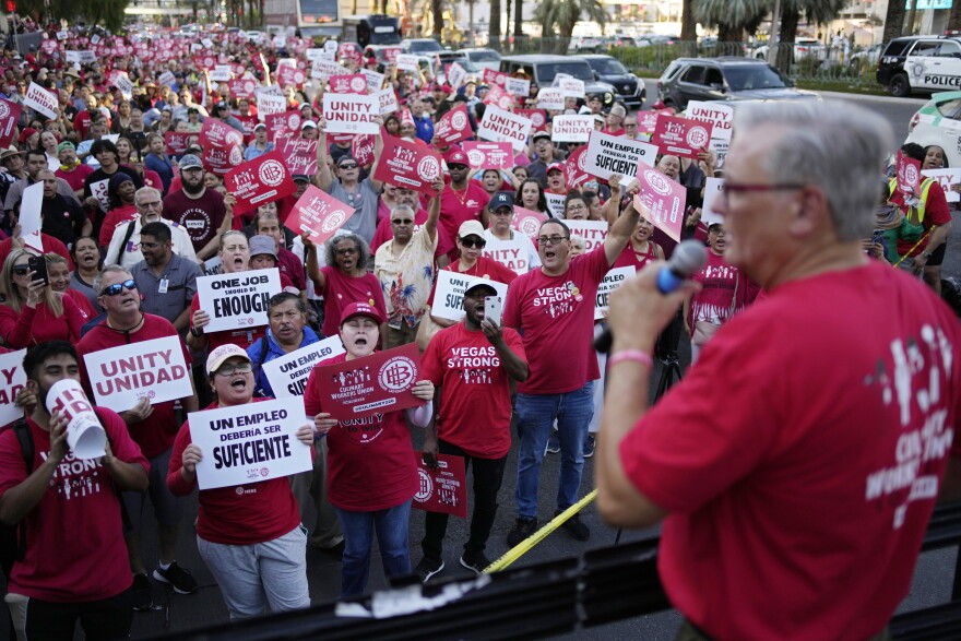 In this file photo Ted Pappageorge speaks during a rally along the Las Vegas Strip, Thursday, Aug. 10, 2023, in Las Vegas. (AP Photo/John Locher)