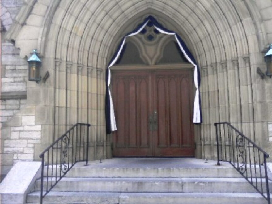 St. Joseph Cathedral door on Frankl Street draped in mourning bunting for Friday's firefighter funerals