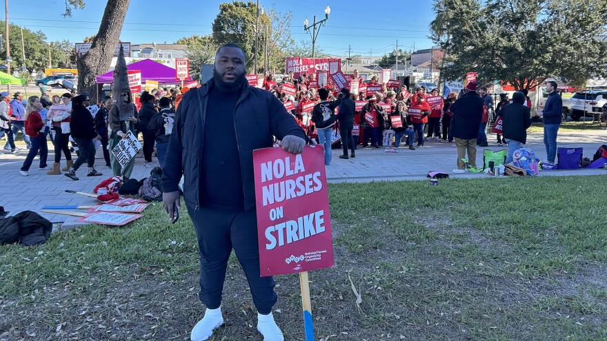 Community member Jude Broad came to the protest to support the striking nurses outside UMC in New Orleans on Tuesday, November 11, 2025. Broad said nurses take care of people in the city, and he believes they’re underpaid.