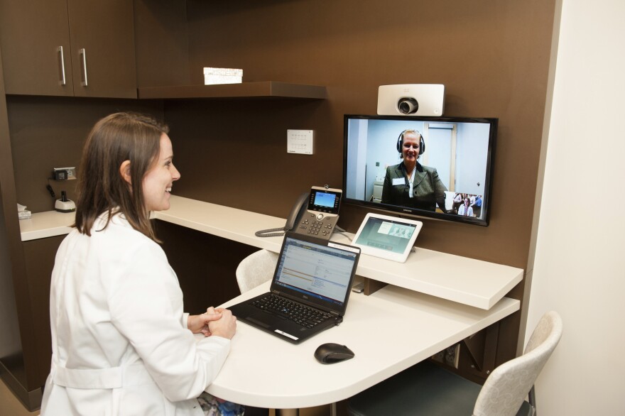 A picture of a patient and a doctor meeting over a web connection.