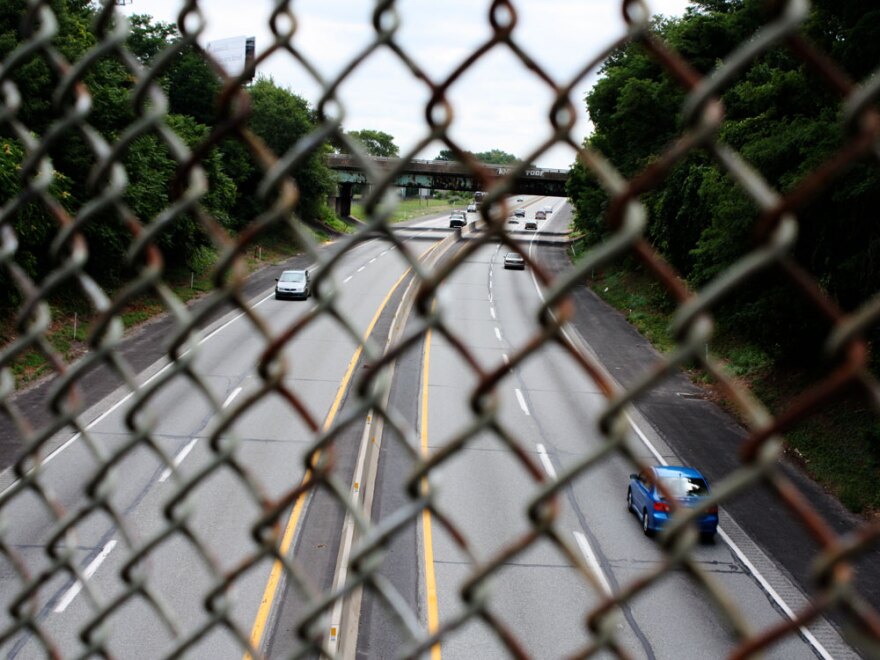 A bridge overlooks where I-95 crosses the Pennsylvania Turnpike.