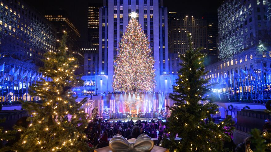 The Christmas tree at the Rockefeller Center is lit during a ceremony in New York on December 1, 2021.