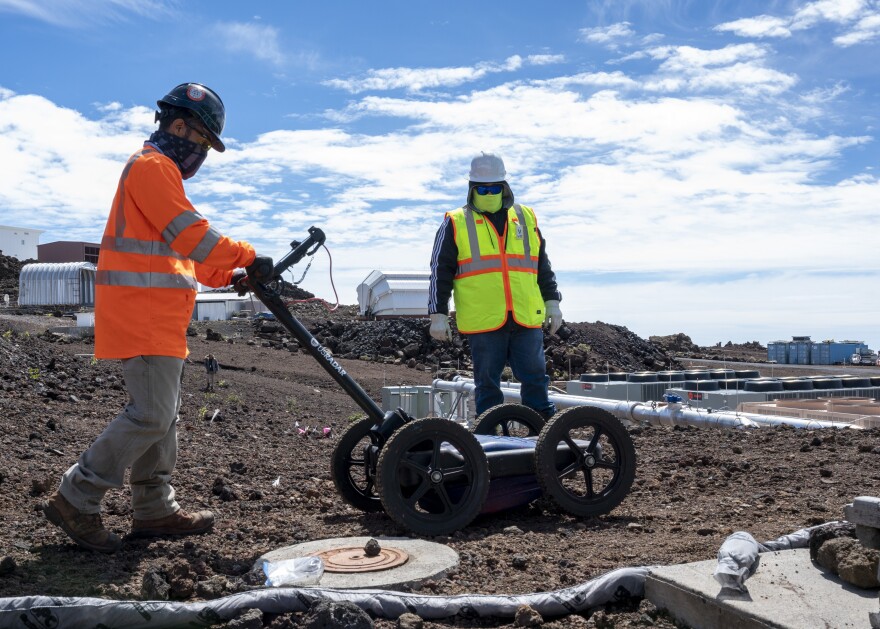 Contractors use ground-penetrating radar to identify and map utility pipes and wires under the ground at the Maui Space Surveillance Complex on Maui on Feb. 21, 2023. The military said contractors will excavate the soil around the generator which was contaminated during a recent diesel fuel spill. (U.S. Air Force photo by Tech. Sgt. Jimmie D. Pike)