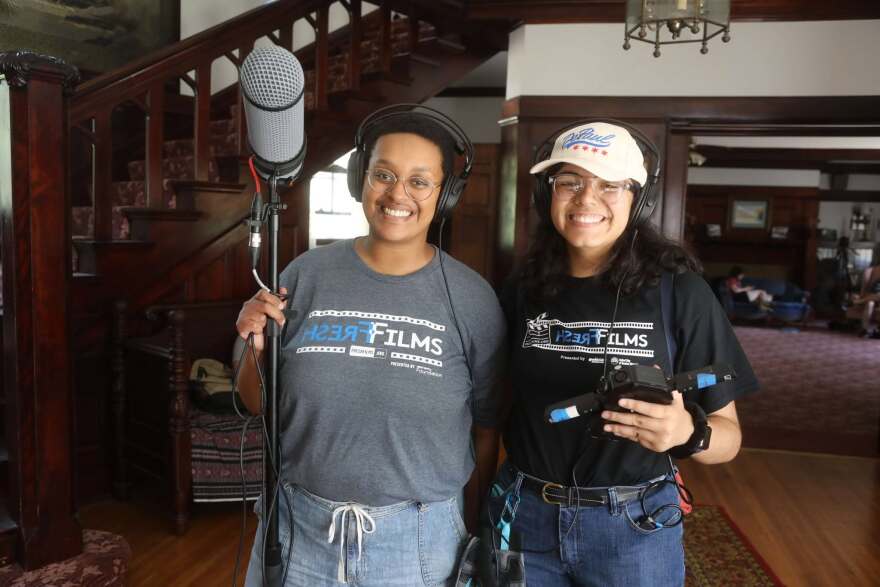 Fresh Films student crew members work on "Dearly Departed" in the First Lutheran Church Parish House, Rock Island, this month.
