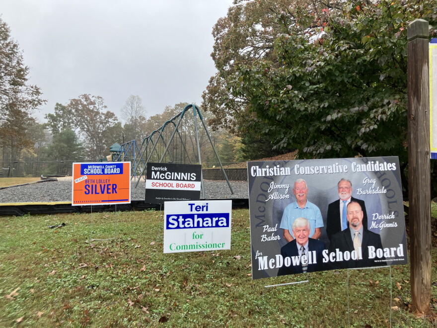 Campaign signs outside Marion Elementary School on Nov. 5, 2024.