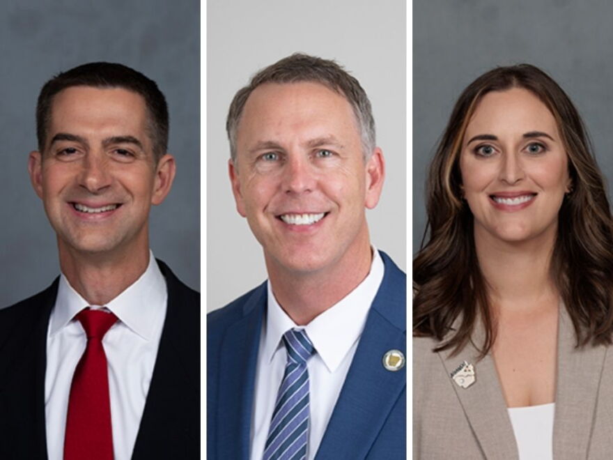 Sen. Tom Cotton (left) is running for a third term in the U.S. Senate against Libertarian Jeff Wadlin (middle) and Democrat Hallie Shoffner (right).