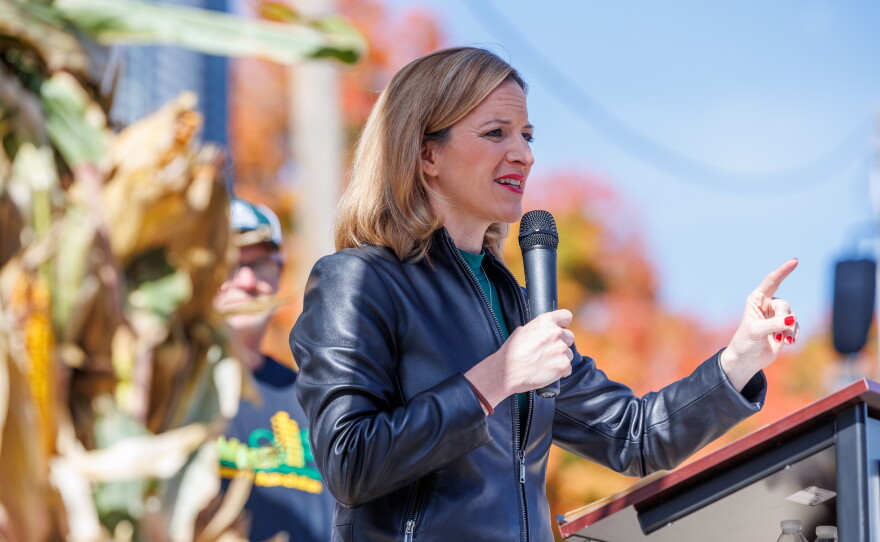 Secretary of State Jocelyn Benson, the Democratic nominee for governor, speaks at a corn farm in Lansing, Mich., on Oct. 8, 2026.