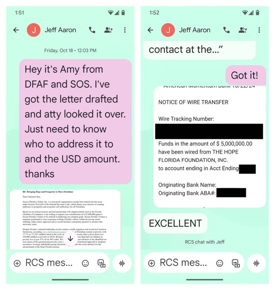 Texts between Aaron and Ronshausen about grant and wire transfer.