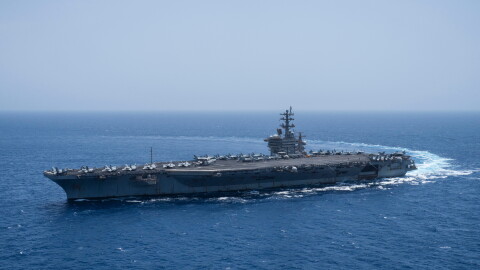 The USS aircraft carrier Dwight D. Eisenhower, also known as 'IKE', sails in the Red Sea, June 12, 2024.