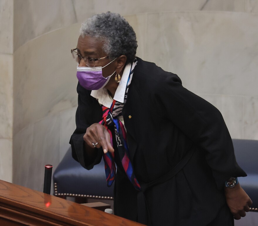 Arkansas Sen. Stephanie Flowers, D-Pine Bluff, questions Sen. Bart Hester, R-Cave Springs, about proposed FOIA legislation during the special session on Sept. 11, 2023.