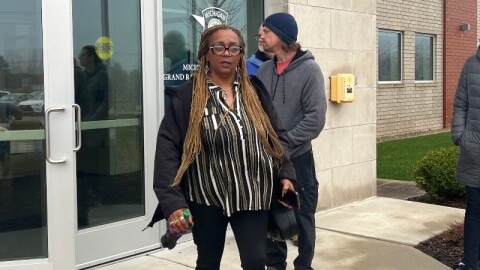 Angelica Johnson, Da'Quain Johnson's mother, talks with media outside Michigan State Police district office