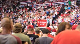 Trump supporters gather at the president's rally in Cincinnati, Ohio, on Thursday. (Rachael Banks for Here & Now)