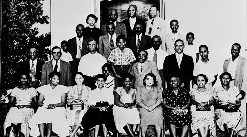 Supporters and petitioners of Briggs v. Elliott sit outside Liberty Hill AME Church in Clarendon County, SC. The lawsuit led to Brown v. Board of Education, the US Supreme Court decisions in 1954 and 1955 that ended legal segregation in public schools.