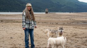 woman with dogs on beach