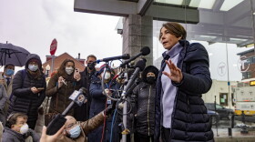 Massachusetts Attorney General Maura Healey announces her candidacy for governor at a press conference outside the MBTA station in East Boston's Maverick Square. (Jesse Costa/WBUR)