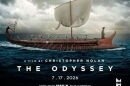 Movie poster for Christopher Nolan's The Odyssey. It features a Greek-style longboat in the ocean with Greek soldiers pulling oars and Odysseus at the helm. Some of the main actors are listed at the top of the poster and at the bottom it has the release date, July 17 2026.