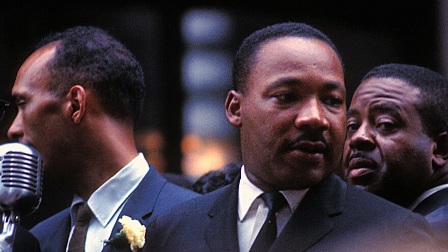 Dr. Martin Luther King Jr., Albert Raby (left) and Ralph Abernathy at City Hall in Chicago, in 1965.