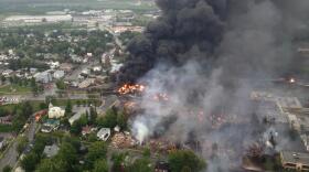 Tanker car fire following crude oil train derailment