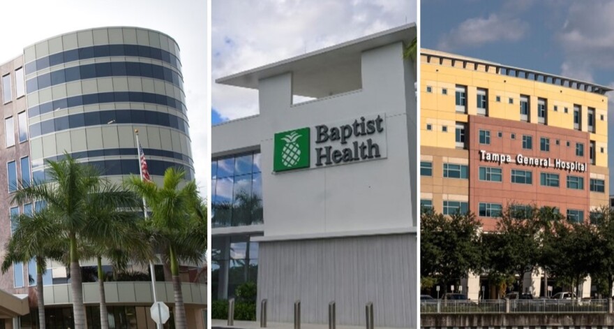 buildings of NCH Healthcare in Naples, Baptist health in South Florida and Tampa General Hospital