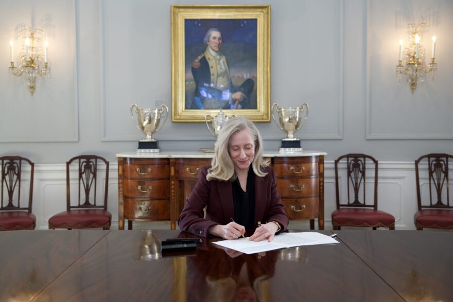 Gov. Abigail Spanberger signs legislation in Richmond in April. Spanberger’s first six months in office have been marked by clashes over vetoes, affordability policies and ongoing budget negotiations tied to data center tax incentives.
