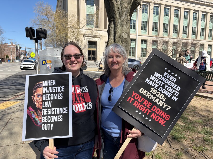 Shannon Pantano, left, and her mother, Candace Brunk, came to the No Kings rally in Lexington on Saturday. Brunk is an Air Force veteran.