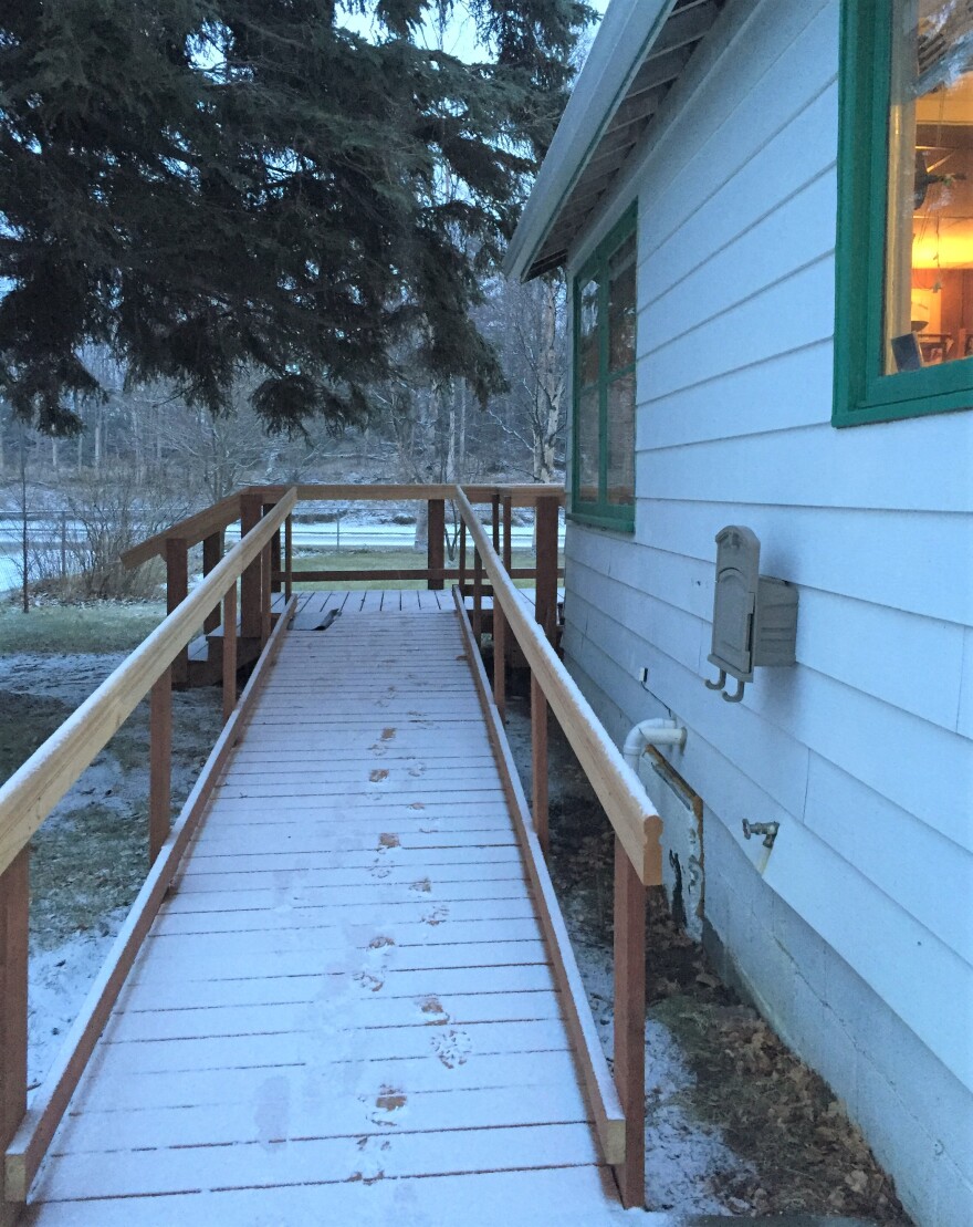 The new ramp built by Boy Scouts outside of the Clement home in Palmer. (Hillman/Alaska Public Media)