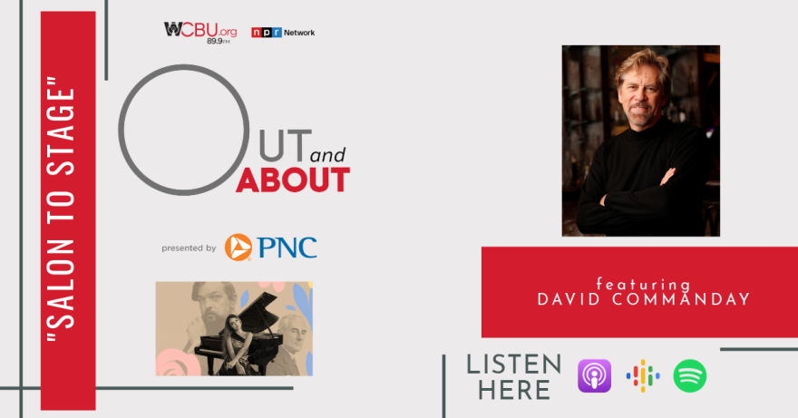 The image features a photo of Artistic Director and Conductor David Commanday of the Heartland Festival Orchestra with a quote of “Salon To Stage” as well as icons for various podcast platforms. 