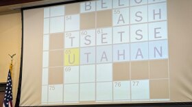Republican Sen. Dan McCay displays a New York Times crossword puzzle clue that he argues incorrectly spells the demonym of Utah residents. He was presenting a bill that would enshrine the spelling Utahn into state law to the Senate Economic Development and Workforce Services Committee, Feb. 12, 2025.