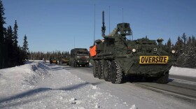 A group of Army vehicles on the Richardson Highway en route to the Donnelly Training Area near Fort Greely in 2022.