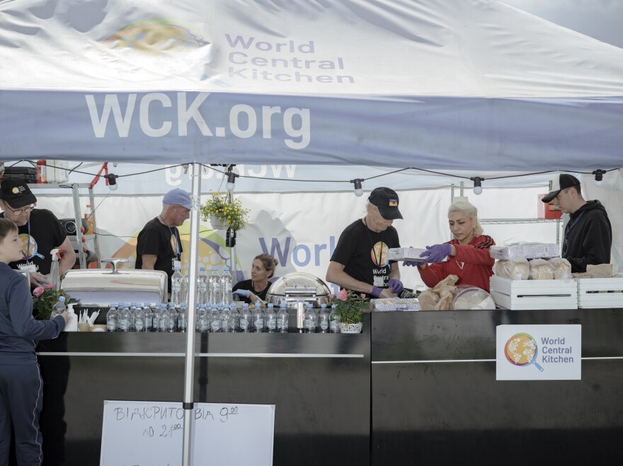 Volunteers from the World Central Kitchen prepare food for Ukrainian refugees crossing the Polish border in Medyka, Poland.