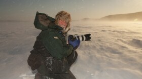 Jeff Schultz portrait on Iditarod in blowing snow and 30 mph winds shortly after leaving the Ruby checkpoint. 