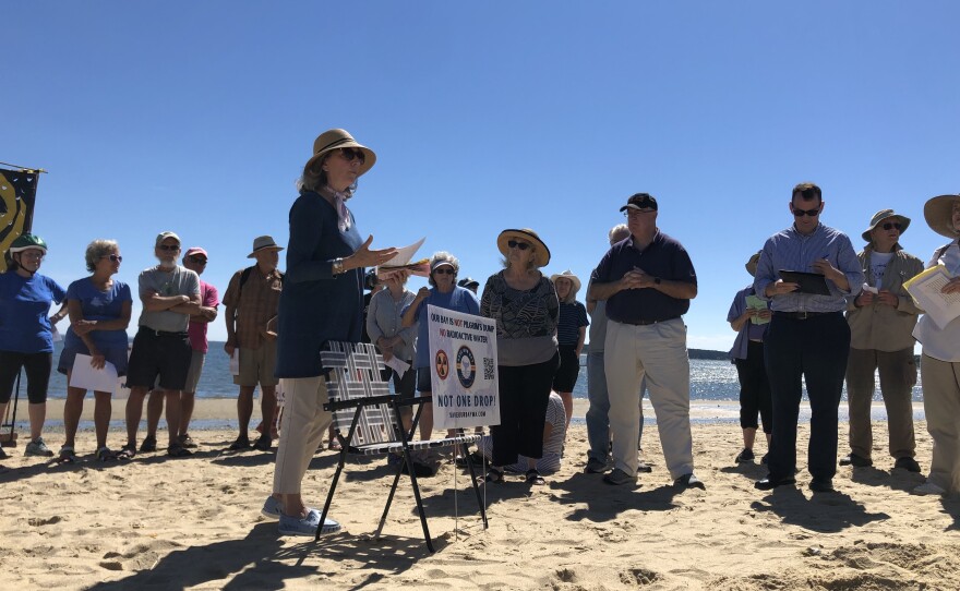 Diane Turco, director of Cape Downwinders, rallies opponents of a plan to discharge nuclear-station wastewater into Cape Cod Bay.