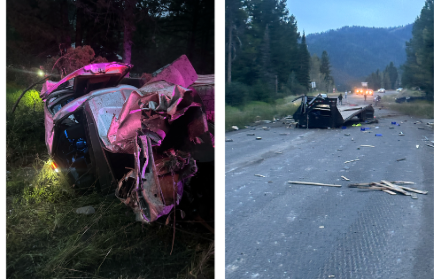 The remains of a pickup truck that ran off the side of Teton Pass on Wednesday. The driver was life-flighted while the passenger, a Colorado man who was not wearing a seatbelt, was pronounced dead at the scene.