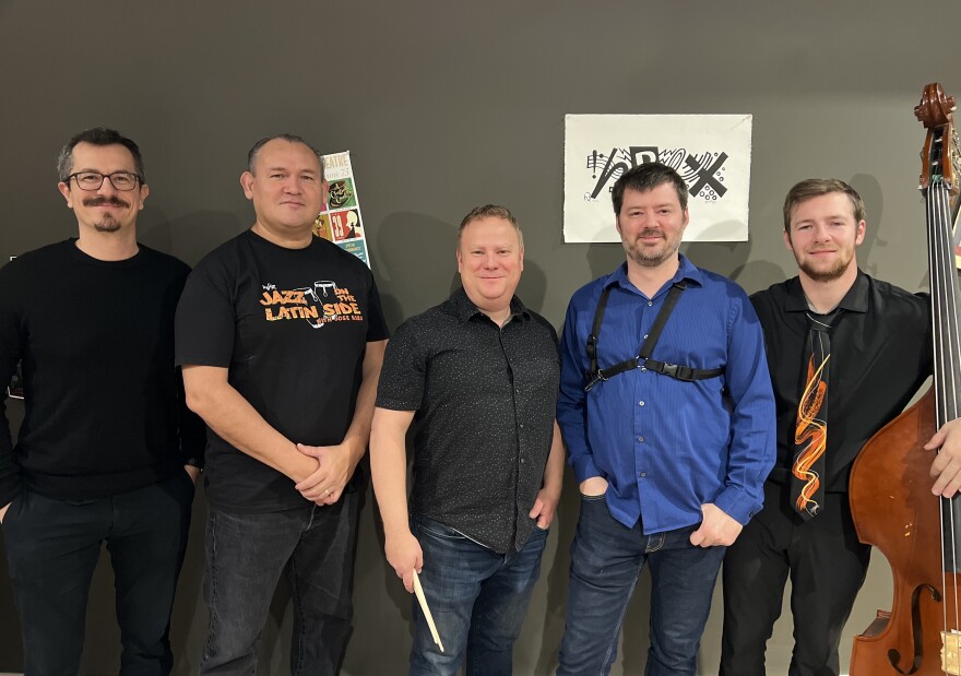 The David Larsen Quintet (L–R: César Haas, Francisco Torres, Brendan McMurphy, David Larsen, Cole Rosaia) in the SPR performance space