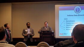 (Left to right) Ice Miller associate Mason Clark and partner Stephen Reynolds present with Office of Attorney General Section Chief Doug Swetnam at the Indiana Chamber 2020 Business Technology Summit.