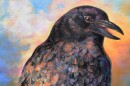 A painting of a crow set against a colorful sky.