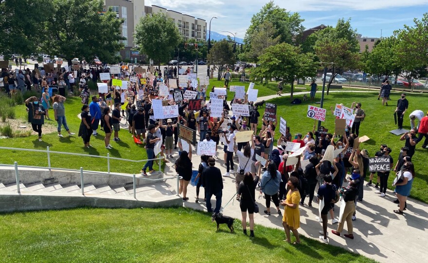 Photo of protesters in downtown salt lake city.