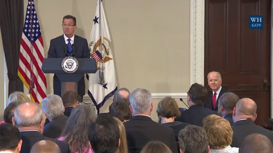 Connecticut Governor Dannel Malloy introducing Vice Presidnet Joe Biden.