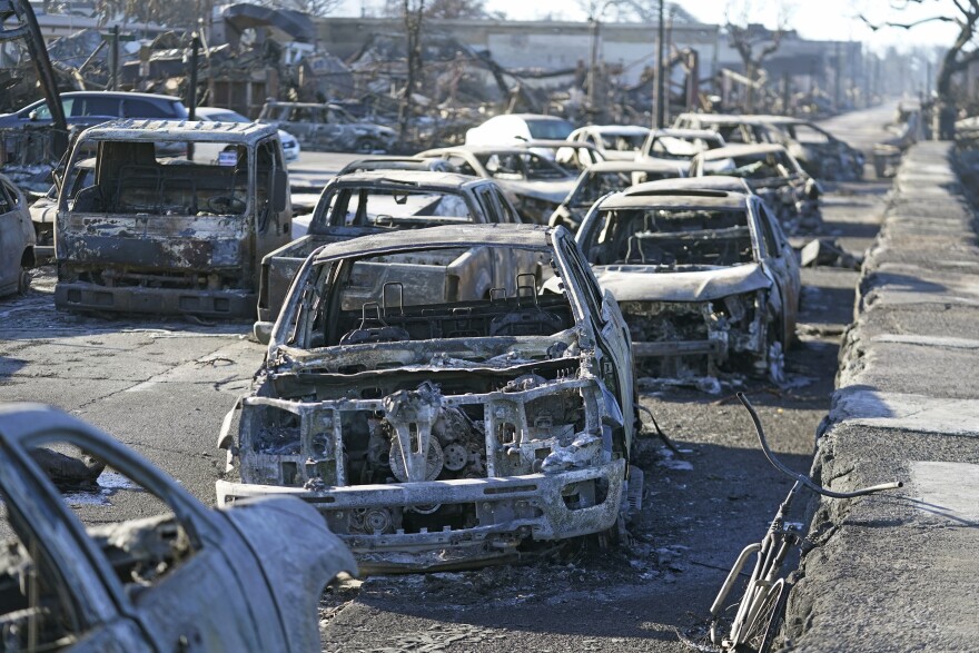 FILE - Burnt out cars line the sea walk after the wildfire on Friday, Aug. 11, 2023, in Lāhainā, Hawaiʻi. 