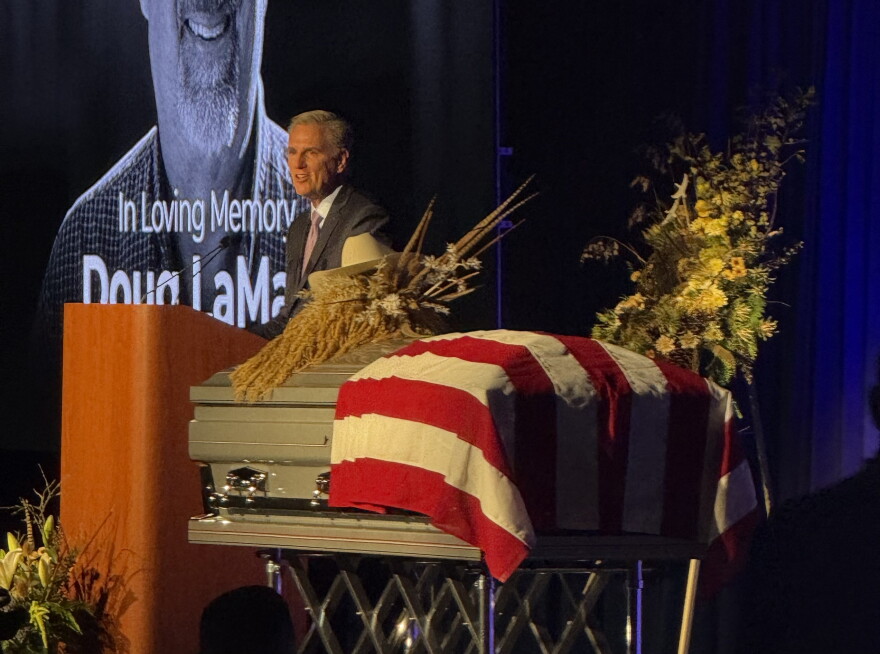 Former House Speaker Kevin McCarthy speaking at Doug LaMalfa's memorial service at the Silver Dollar Fairgrounds, Chico on Jan. 24, 2026.