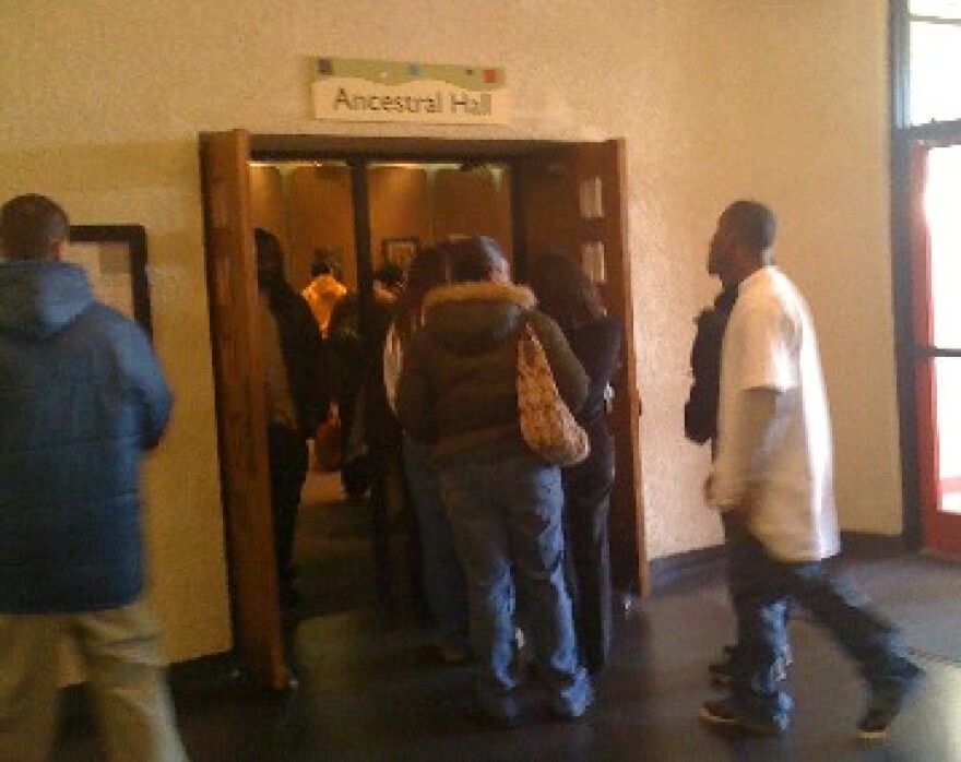 The line is long at the Rudisill Library for supermarket job fair.
