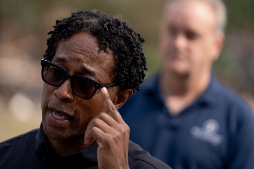 U.S. Rep. Wesley Bell, D-St. Louis County, speaks to press after a home exploded on Monday, Aug. 25, 2025, near Black Jack.