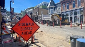 A ruptured pipe on Main Street has prompted road work, narrowing the road to one lane and closing the sidewalk in front of Old Town Cellars.