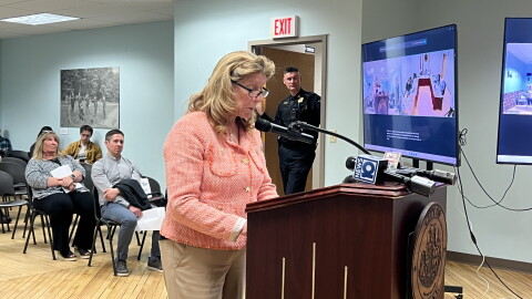 Troy mayor, Carmella Mantello, speaks at a Tory City Council meeting against Local Law 3 on May 7, 2026. 