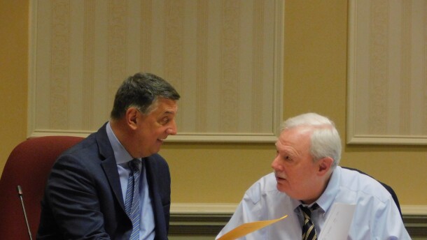 Maryland Senate Budget and Taxation Chair Guy Guzzone and Vice Chair Jim Rosapepe discuss the fiscal year 27 state budget during a committee voting session on Friday in the Miller Senate Building in Annapolis, Md.